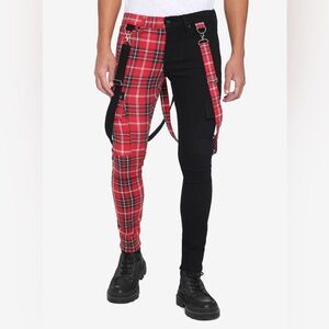 Hot topic Denim Red plaid & Black Suspender Stinger Jeans size 34x30